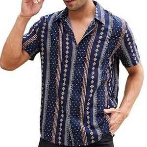 Vatpave Navy Blue Short Sleeve Button Down Shirt Boho‎ Retro Print Size Medium